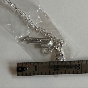 Silver Tone Gun Shape Pendant Necklace with Rhinestones – 34" Chain, NWT